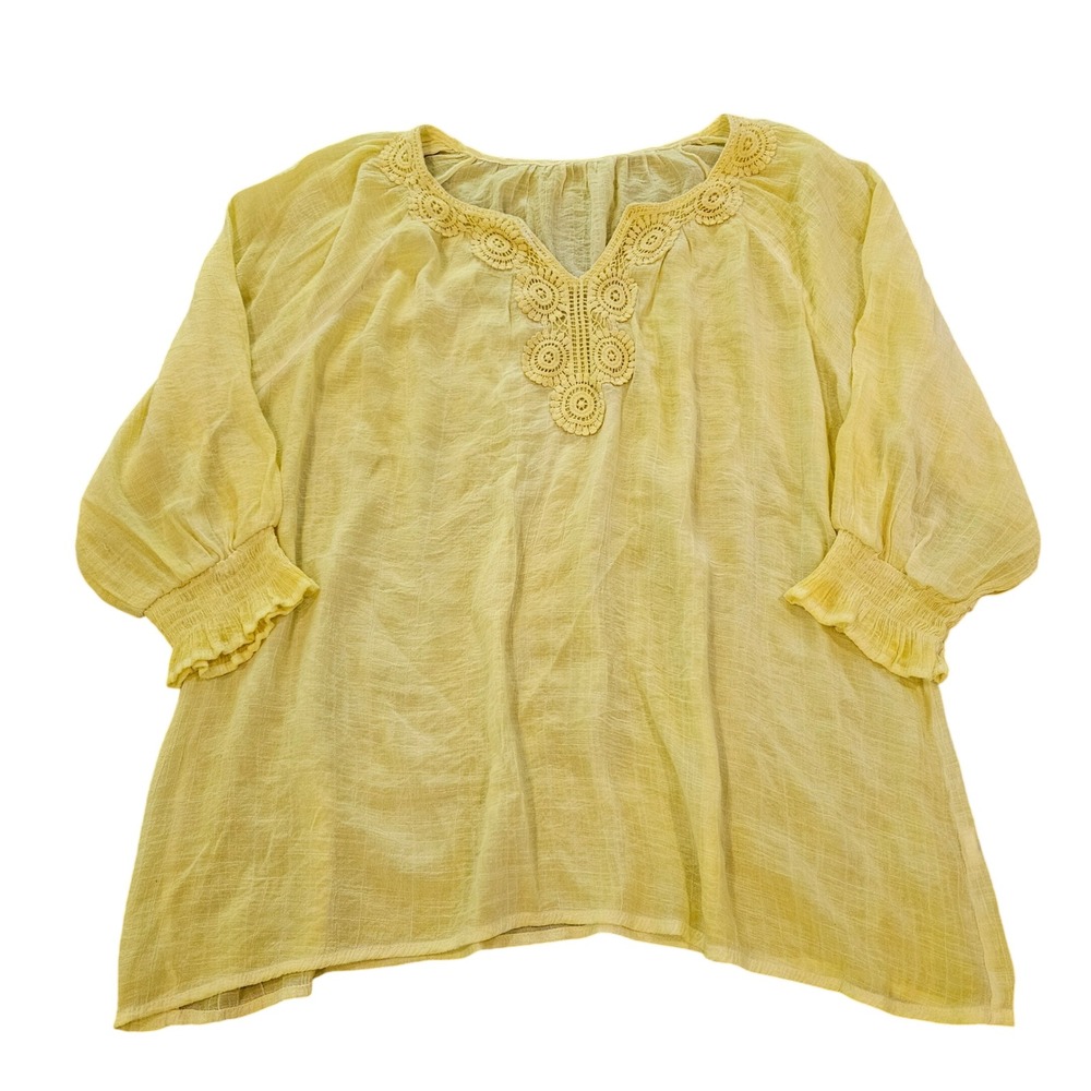 Yellow Gauze Crochet Lace V-Neck Blouse Smocked‎ Cuffs 3/4 Sleeve Boho Top